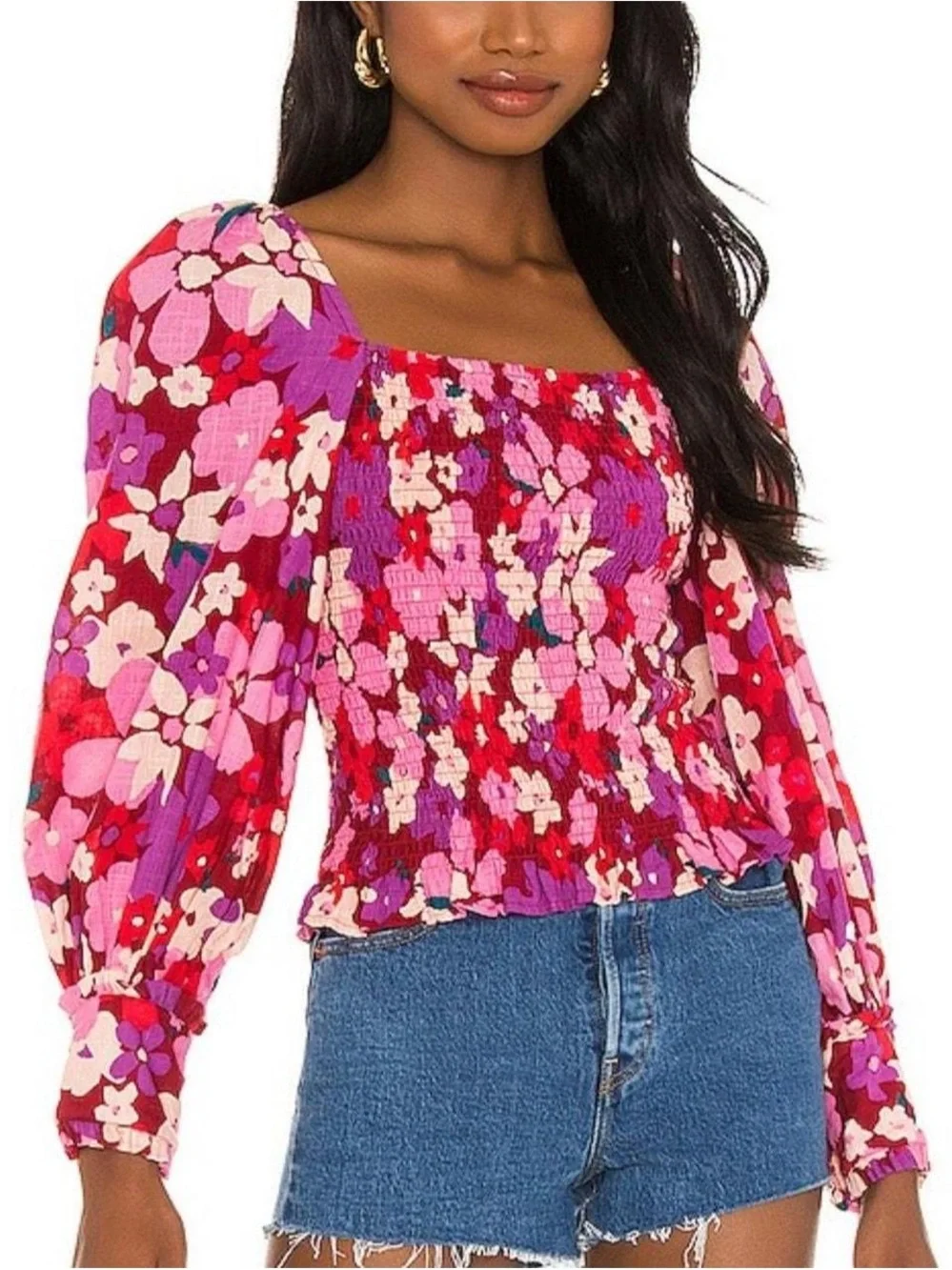 Free People Ariana Puff Sleeve Cottagecore Prasant Smocked Blouse